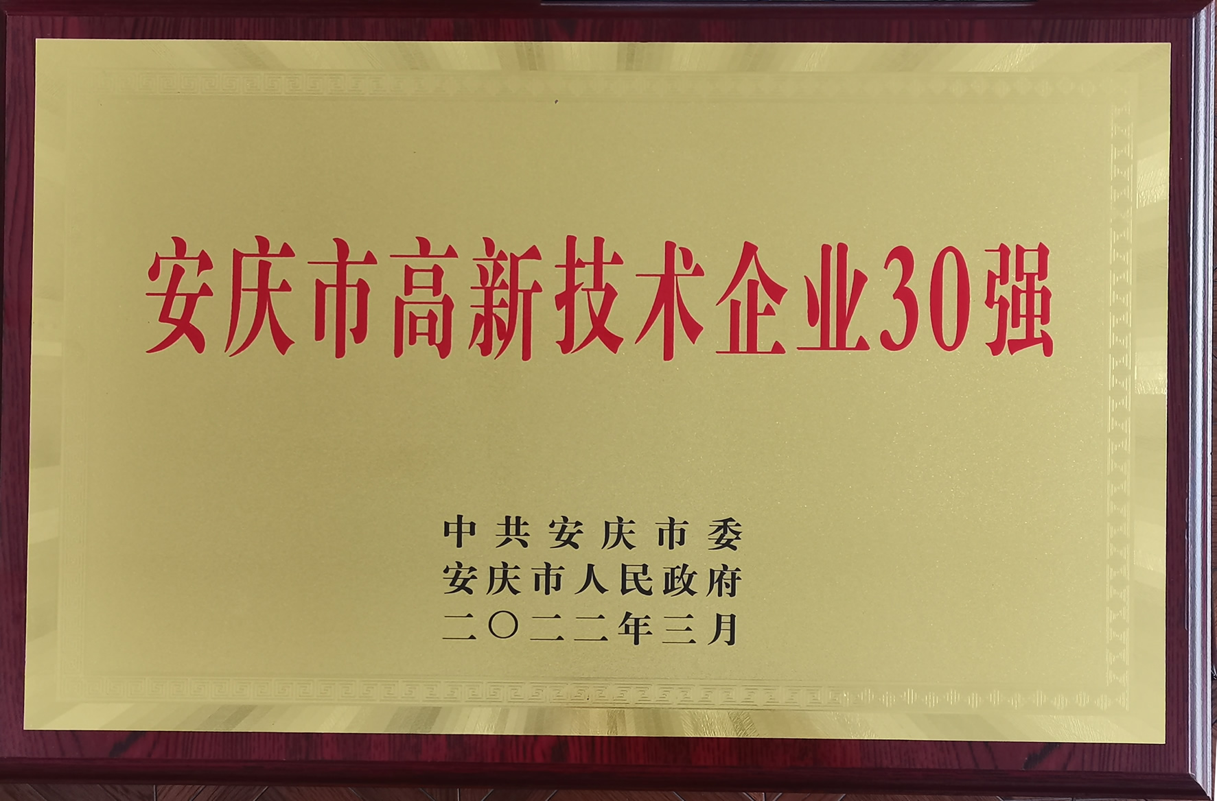 我司獲得安慶市高新技術(shù)企業(yè)三十強(qiáng)稱號(hào)